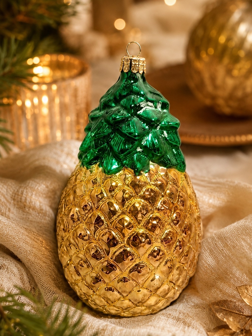 Vintage Blown Glass Pineapple Christmas Ornament Gold Green Tropical Holiday Dec